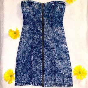 Stretch Acid Wash Denim Strapless Sweetheart Dress